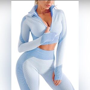 New Sky Blue Textured Semless Yoga Gym Workout Butt lifting Activewear Set S